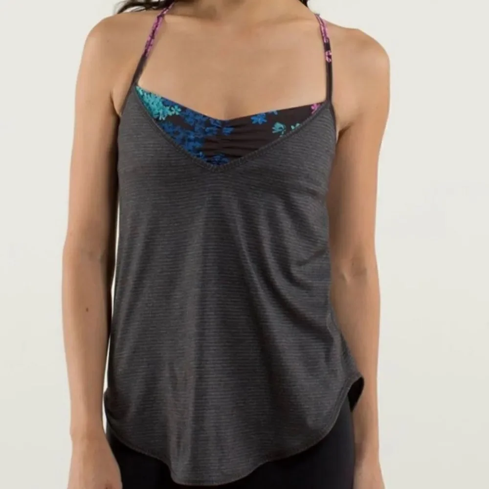 EUC Lululemon Roll Out Tank in Heathered Black / Petal Pop 2